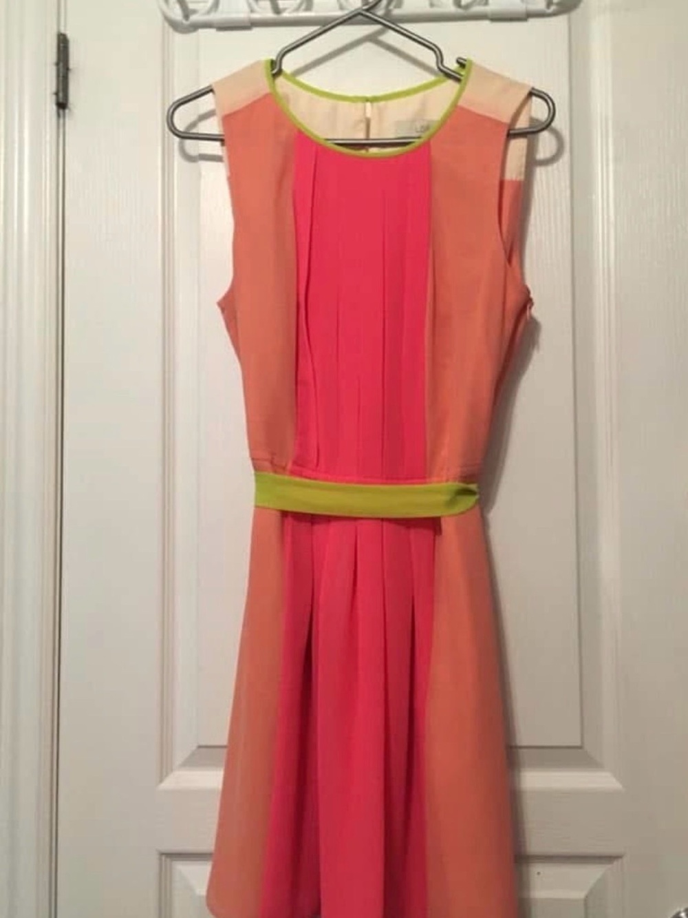 LOFT Sleeveless Dress in Coral and Peach with Lime Trim